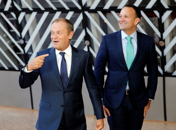 Ireland's Prime Minister Leo Varadkar is welcomed by European Council President Donald Tusk ahead of a meeting to discuss Brexit in Brussels