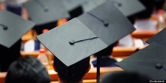 Shot of graduation caps during commencement.