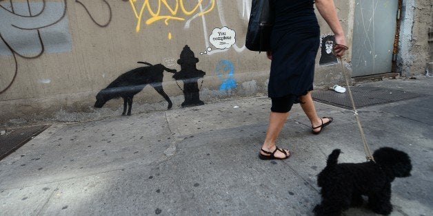 A woman walks by a street art graffiti by elusive British artist Banksy, as part of his month-long Better Out Than In exhibit