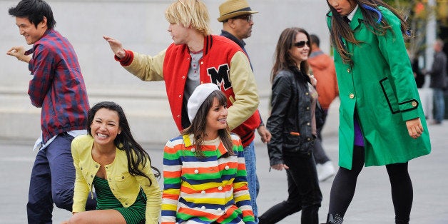 NEW YORK, NY - APRIL 29: (L to R) Actors Harry Shum Jr., Naya Rivera, Chord Overstreet, Lea Michele, and Jenna Ushkowitz film a scene at the 'Glee' movie set in Washington Square Park on April 29, 2011 in New York City. (Photo by Ray Tamarra/Getty Images)