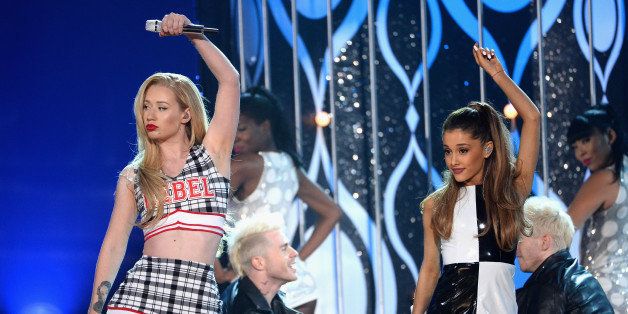 LAS VEGAS, NV - MAY 18: Recording artists Iggy Azalea (L) and Ariana Grande perform onstage during the 2014 Billboard Music Awards at the MGM Grand Garden Arena on May 18, 2014 in Las Vegas, Nevada. (Photo by Ethan Miller/Getty Images)