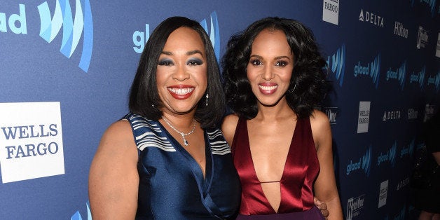 BEVERLY HILLS, CA - MARCH 21: Writer Shonda Rhimes (L) and actress Kerry Washington attend the 26th Annual GLAAD Media Awards
