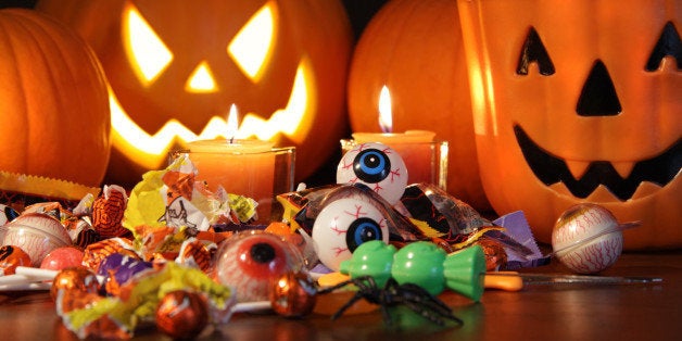 Closeup of candies with pumpkins