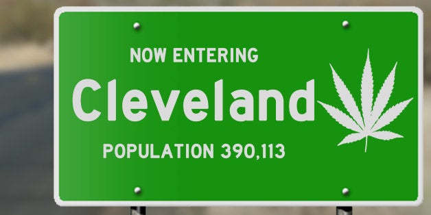 Illustration showing 'now entering Cleveland (Ohio)' highway sign with marijuana leaf highlighting issues with driving and drug use and with marijuana laws in general