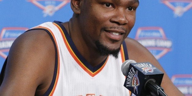 Oklahoma City Thunder forward Kevin Durant answers a question during media day in Oklahoma City, Monday, Sept. 28, 2015. (AP