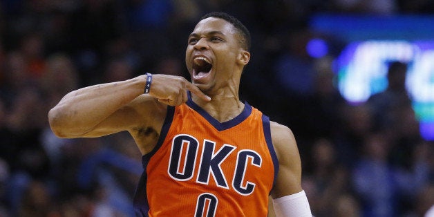 Oklahoma City Thunder guard Russell Westbrook (0) gestures in the second quarter of an NBA basketball game against the Sacram
