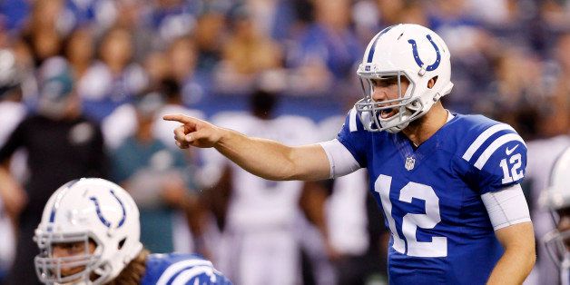 Aug 27, 2016; Indianapolis, IN, USA; Indianapolis Colts quarterback Andrew Luck (12) points at the line of scrimmage during a game against the Philadelphia Eagles at Lucas Oil Stadium. Mandatory Credit: Brian Spurlock-USA TODAY Sports