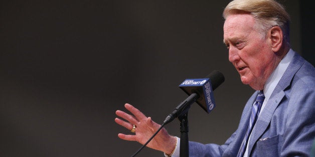 LOS ANGELES, CALIFORNIA - SEPTEMBER 24: Long time Los Angeles Dodgers announcer Vin Scully speaks at a press conference disc