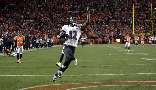 RAW FILE - Baltimore Ravens wide receiver Jacoby Jones (12) catches a pass  for a touchdown late in the fourth quarter of an AFC divisional playoff NFL  football game in Denver. (AP