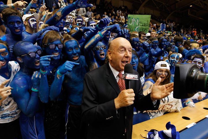 DURHAM, NC - MARCH 03: ESPN basketball analyst Dick Vitale reports from the sidelines before the Duke Blue Devils against the North Carolina Tar Heels at Cameron Indoor Stadium on March 3, 2012 in Durham, North Carolina. (Photo by Streeter Lecka/Getty Images) 