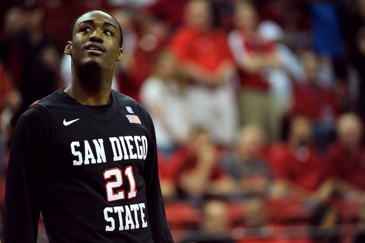 LAS VEGAS, NV - MARCH 15: Jamaal Franklin #21 of the San Diego State Aztecs looks to the scoreboard during the first half of a semifinal game of the Reese's Mountain West Conference Basketball tournament against the New Mexico Lobos at the Thomas & Mack Center on March 15, 2013 in Las Vegas, Nevada. New Mexico won 60-50. (Photo by Jeff Bottari/Getty Images)