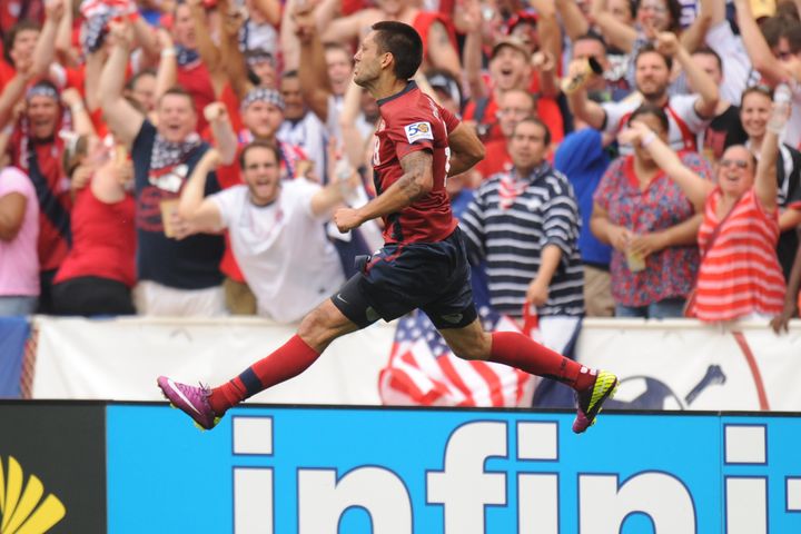 WASHINGTON, DC - JUNE 19: Clint Dempsey #8 of the United States celebrates scoring the second goal during the second half against Jamaica during the 2011 Gold Cup Quarterfinals on June 19, 2011 at RFK Stadium in Washington, D.C. The United States won 2-0. (Photo by Mitchell Layton/Getty Images)