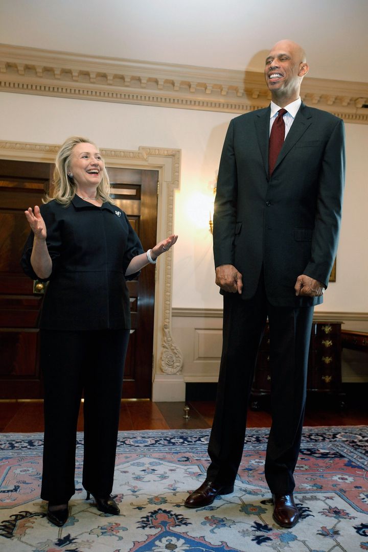 WASHINGTON, DC - JANUARY 18: U.S. Secretary of State Hillary Clinton (L) meets with Cultural Ambassador Kareem Abdul Jabbar at the State Department January 18, 2012 in Washington, DC. According to the State Department, Jabbar, a National Basketball Association superstar and hall of fame player, 'will lead conversations with young people on the importance of education, social and racial tolerance, cultural understanding, and using sports as a means of empowerment.' (Photo by Chip Somodevilla/Getty Images)