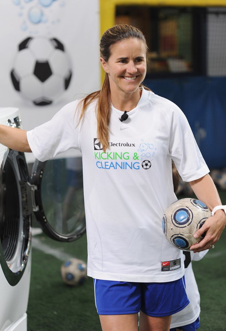 NEW YORK, NY - MARCH 07: World Cup Champion Brandi Chastain hosted a soccer clinic to promote a real game changer in the laundry room -- the Electrolux Perfect Steam™ washer, which gets clothes cleaner than any other washer at Chelsea Piers Field House on March 7, 2012 in New York City. (Photo by Dimitrios Kambouris/Getty Images for Electrolux)