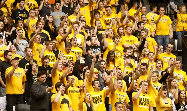 The Wichita State University student section cheers during their game against Illinois State at Koch Arena in Wichita, Kansas, on Wednesday, January 16, 2013. Wichita State won, 74-62. (Fernando Salazar/Wichita Eagle/MCT via Getty Images)