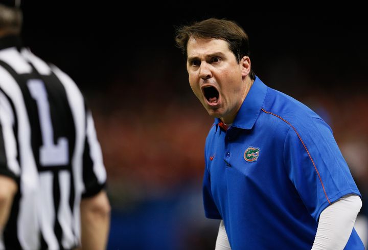 NEW ORLEANS, LA - JANUARY 02: Head coach Will Muschamp of the Florida Gators yells to a referee during the Allstate Sugar Bowl against the Louisville Cardinals at Mercedes-Benz Superdome on January 2, 2013 in New Orleans, Louisiana. (Photo by Kevin C. Cox/Getty Images) 