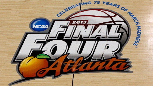 ATLANTA, GA - APRIL 06: An overhead detail of the center court NCAA Final Four logo is seen during the 2013 NCAA Men's Final