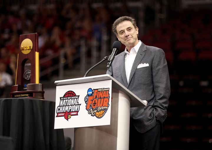 LOUISVILLE, KY - APRIL 10: Head coach Rick Pitino of the Louisville Cardinals speaks during the Louisville Cardinals NCAA Basketball Celebration to mark the NCAA championship by the Mens team and the runner-up finish by the womens team at KFC YUM! Center on April 10, 2013 in Louisville, Kentucky. (Photo by Andy Lyons/Getty Images)