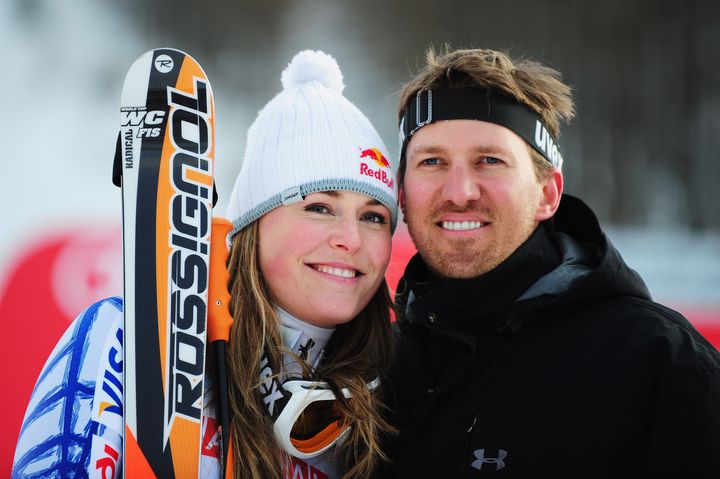 VAL D'ISERE, FRANCE - FEBRUARY 03: Lindsey Vonn of the United States of America celebrates with her husband Thomas Vonn after winning the Women's Super G event held on the Face de Solaise course on February 3, 2009 in Val d'Isere, France. (Photo by Clive Mason/Getty Images)