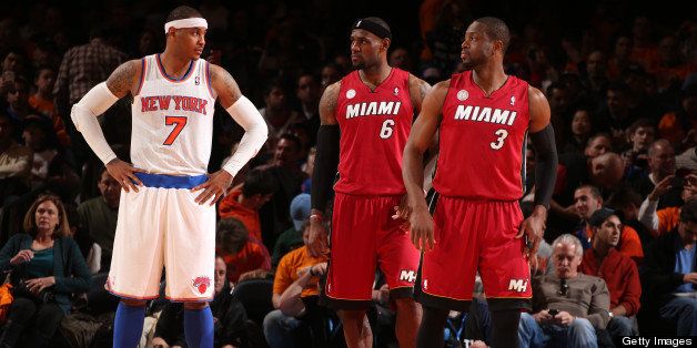 NEW YORK, NY - MARCH 3: Carmelo Anthony #7 of the New York Knicks stands with LeBron James #6 and Dwayne Wade #3 of the Miami Heat on March 3, 2013 at Madison Square Garden in New York City. NOTE TO USER: User expressly acknowledges and agrees that, by downloading and or using this photograph, User is consenting to the terms and conditions of the Getty Images License Agreement. Mandatory Copyright Notice: Copyright 2013 NBAE (Photo by Nathaniel S. Butler/NBAE via Getty Images)