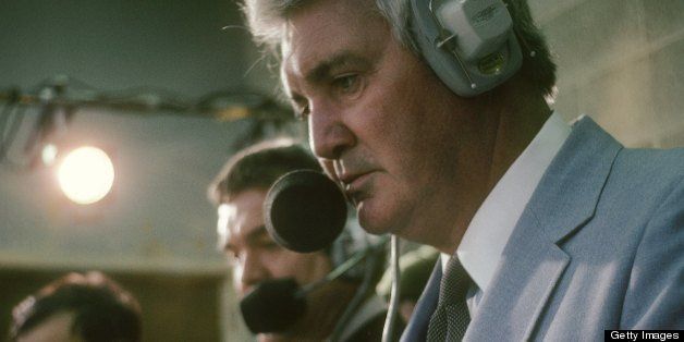 CIRCA 1980's: CBS NFL play by play announcer Pat Summerall (R) and color commentator Tom Brookshier (C) in the booth calling an NFL football game mid circa 1980's. Summerall has been a Color Commentator/Analyst/Play by Play announcer since 1964 for CBS, FOX, and ESPN. (Photo by Focus on Sport/Getty Images)