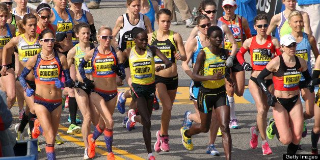 HOPKINTON, MA -APRIL 15: The women's elite runners start the 117th Boston Marathon on Monday, April 15, 2013. (Photo by Pat Greenhouse/The Boston Globe via Getty Images)