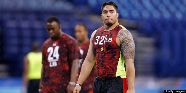 INDIANAPOLIS, IN - FEBRUARY 25: Manti Te'o of Notre Dame looks on during the 2013 NFL Combine at Lucas Oil Stadium on Februar