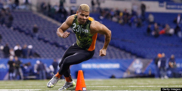 INDIANAPOLIS, IN - FEBRUARY 26: Tyrann Mathieu of LSU in action during the 2013 NFL Combine at Lucas Oil Stadium on February