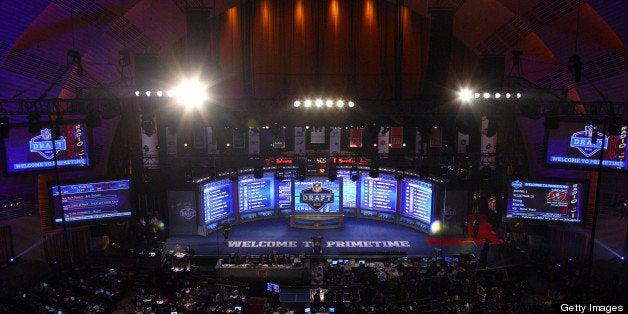 NEW YORK, NY - APRIL 26: A detail of the video board and stage during the 2012 NFL Draft at Radio City Music Hall on April 26, 2012 in New York City. (Photo by Chris Chambers/Getty Images)