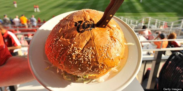 WASHINGTON, DC - MAY 3: The Strasburg hamburger is displayed before a baseball game between the Washington Nationals and the Philadelphia Phillies at Nationals Park on May 3, 2012 in Washington, DC. The Nationals won 4-3 in eleven innings. (Photo by Mitchell Layton/Getty Images)