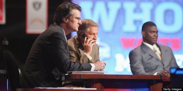 NEW YORK - APRIL 28: Mel Kiper, Chris Mortensen and Keyshawn Johnson broadcast for ESPN during the 2007 NFL Draft on April 28, 2007 at Radio City Music Hall in New York, New York. (Photo by Chris McGrath/Getty Images)