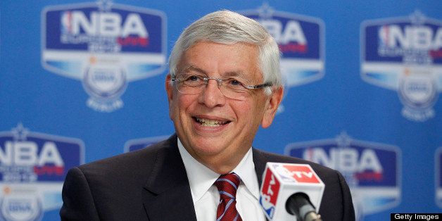 BERLIN, GERMANY - OCTOBER 06: NBA commissioner David Stern gestures during the press conference before the game between the Dallas Mavericks and Alba Berlin at the O2 Arena for NBA Europe Live 2012 on October 6, 2012 in Berlin, Germany. (Photo by Boris Streubel/Getty Images)