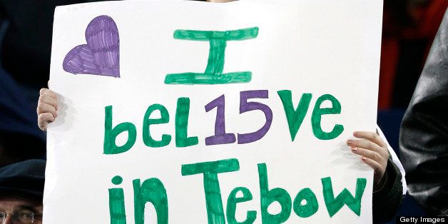 NASHVILLE, TN - DECEMBER 17: A fan holds a sign in support of quarterback Tim Tebow #15 of the New York Jets during the game against the Tennessee Titans at LP Field on December 17, 2012 in Nashville, Tennessee. The Titans won 14-10. (Photo by Joe Robbins/Getty Images)