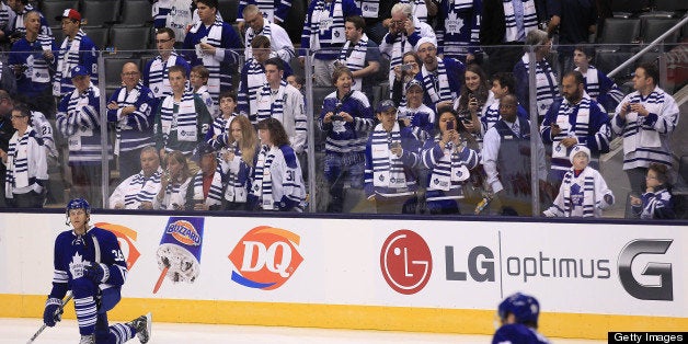 TORONTO, ON- MAY 6 - The Leafs warmup in front of a blue and white crowd as the Toronto Maple Leafs play the Boston Bruins in game 3 in the first round of the NHL Stanley Cup playoffs at Air Canada Centre in Toronto, May 6, 2013. (Steve Russell/Toronto Star via Getty Images)