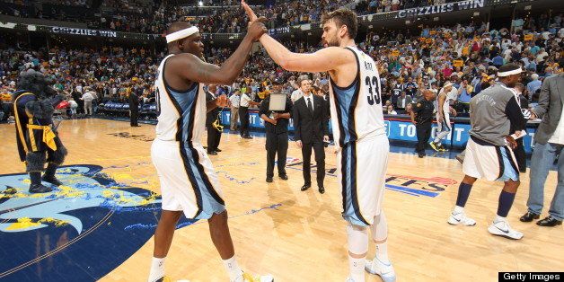 MEMPHIS, TN - MAY 11: Zach Randolph #50 of the Memphis Grizzlies celebrates with teammate Marc Gasol #33 after Game Three of the Western Conference Semifinals against the Oklahoma City Thunder during the 2013 NBA Playoffs on May 11, 2013 at FedExForum in Memphis, Tennessee. NOTE TO USER: User expressly acknowledges and agrees that, by downloading and or using this photograph, User is consenting to the terms and conditions of the Getty Images License Agreement. Mandatory Copyright Notice: Copyright 2013 NBAE (Photo by Joe Murphy/NBAE via Getty Images)