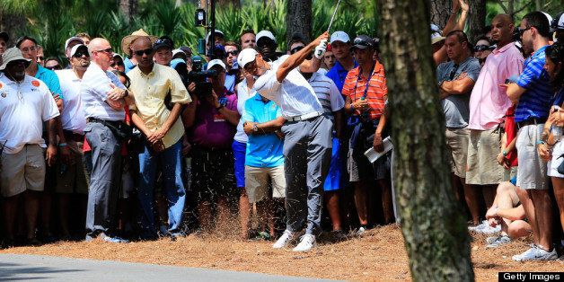 PONTE VEDRA BEACH, FL - MAY 11: Tiger Woods of the USA plays a shot on the second hole during round three of THE PLAYERS Championship at THE PLAYERS Stadium course at TPC Sawgrass on May 11, 2013 in Ponte Vedra Beach, Florida. (Photo by Sam Greenwood/Getty Images)