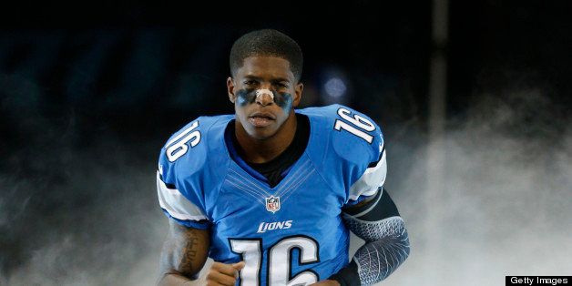 DETROIT, MI - OCTOBER 28: Titus Young #16 of the Detroit Lions gets ready before the game against the Seattle Seahawks at Ford Field on October 28, 2012 in Detroit, Michigan. The Lions won 28-24. (Photo by Joe Robbins/Getty Images)