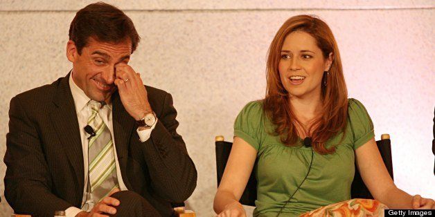 PASADENA, CA - JANUARY 22: Actor Steve Carell and actress Jenna Fischer of 'The Office' speak during the NBC executive question and answer segment of the Television Critics Association Press Tour at the Ritz Carlton Hotel on January 22, 2006 in Pasadena, California. (Photo by Frederick M. Brown/ Getty Images)