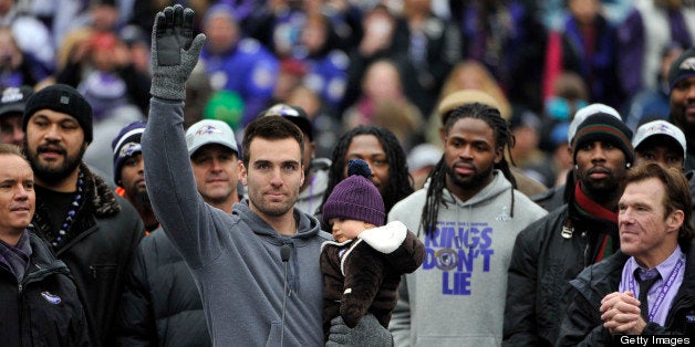 Baltimore Ravens quarterback Joe Flacco, who was named MVP of Super Bowl XLVII, waves to fans after a short speech during the Ravens Super Bowl celebration at M&T Bank Stadium in Baltimore, Maryland, Tuesday, February 5, 2013. (Kim Hairston/Baltimore Sun/MCT via Getty Images)