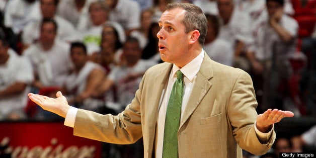 MIAMI, FL - MAY 22: Head Coach Frank Vogel of the Indiana Pacers reacts as his team plays the Miami Heat in Game One of the Eastern Conference Finals during the 2013 NBA Playoffs on May 22, 2013 at American Airlines Arena in Miami, Florida. NOTE TO USER: User expressly acknowledges and agrees that, by downloading and/or using this photograph, user is consenting to the terms and conditions of the Getty Images License Agreement. Mandatory copyright notice: Copyright NBAE 2013 (Photo by Issac Baldizon/NBAE via Getty Images)