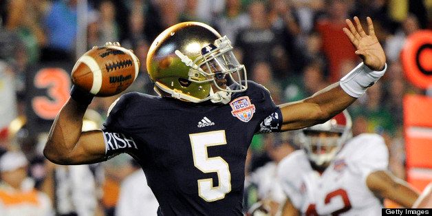MIAMI GARDENS, FL - JANUARY 7: Everett Golson #5 of the Notre Dame Fighting Irish passes against the Alabama Crimson Tide during the 2013 Discover BCS National Championship Game at Sun Life Stadium on January 7, 2013 in Miami Gardens, Florida. (Photo by Ronald C. Modra/Sports Imagery/ Getty Images)