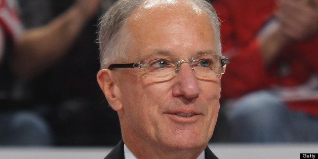 NEWARK, NJ - DECEMBER 16: Mike 'Doc' Emrick takes part in the Scott Niedermayer jersey retirement ceremony by the New Jersey Devils prior to the game against the Dallas Stars at the Prudential Center on December 16, 2011 in Newark, New Jersey. (Photo by Bruce Bennett/Getty Images) 