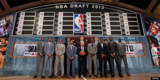 NEW YORK, NY - JUNE 27: NBA Commissioner David Stern (C) poses with the 2013 NBA Draft Class including Nerlens Noel of Kentucky, Victor Oladipo of Indiana, Otto Porter of Georgetown, Alex Len of Maryland, Ben McLemore of Kansas, Trey Burke of Michigan, Anthony Bennett of UNLV and MIchael Carter-Williams of Syracuse during the 2013 NBA Draft at Barclays Center on June 27, 2013 in in the Brooklyn Bourough of New York City. NOTE TO USER: User expressly acknowledges and agrees that, by downloading and/or using this Photograph, user is consenting to the terms and conditions of the Getty Images License Agreement. (Photo by Mike Stobe/Getty Images)