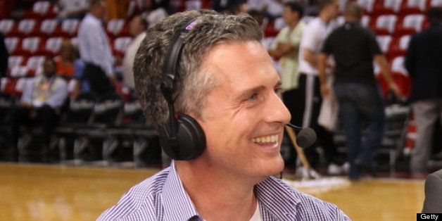 MIAMI, FL - JUNE 19: Sports columnist Bill Simmons and NBATV show host Matt Winer share a laugh after the game between the Oklahoma City Thunder and the Miami Heat during Game Four of the 2012 NBA Finals at American Airlines Arena on June 19, 2012 in Miami, Florida. NOTE TO USER: User expressly acknowledges and agrees that, by downloading and or using this Photograph, user is consenting to the terms and conditions of the Getty Images License Agreement. Mandatory Copyright Notice: Copyright 2012 NBAE (Photo by Joe Murphy/NBAE via Getty Images)