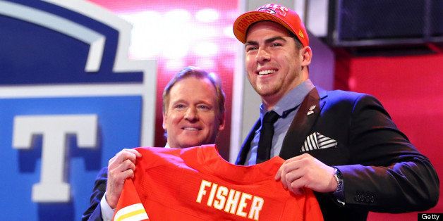 NEW YORK, NY - APRIL 25: Eric Fisher (R) of Central Michigan Chippewas stands on stage with NFL Commissioner Roger Goodell after Fisher was picked #1 overall by the Kansas City Chiefs in the first round of the 2013 NFL Draft at Radio City Music Hall on April 25, 2013 in New York City. (Photo by Al Bello/Getty Images)