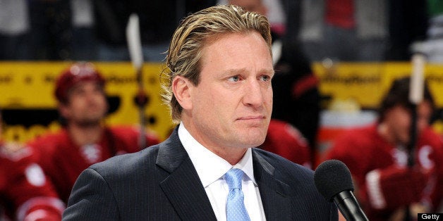 GLENDALE, AZ - FEBRUARY 11: Jeremy Roenick gets emotional as he addresses the crowd during his induction ceremony into the Phoenix Coyotes Ring of Honor prior to the game against the Chicago Blackhawks at Jobing.com Arena on February 11, 2012 in Glendale, Arizona. (Photo by Norm Hall/NHLI via Getty Images)