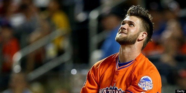 NEW YORK, NY - JULY 15: Bryce Harper of the Washington Nationals bats during the Chevrolet Home Run Derby on July 15, 2013 at Citi Field in the Flushing neighborhood of the Queens borough of New York City. (Photo by Elsa/Getty Images)