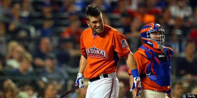 NEW YORK, NY - JULY 15: Bryce Harper of the Washington Nationals looks on during the Chevrolet Home Run Derby on July 15, 2013 at Citi Field in the Flushing neighborhood of the Queens borough of New York City. (Photo by Mike Ehrmann/Getty Images)