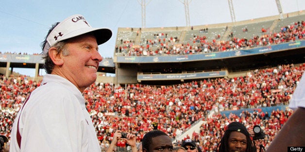 ORLANDO, FL - JANUARY 02: South Carolina Gamecocks head coach Steve Spurrier looks on after winning the Capitol One Bowl against the Nebraska Cornhuskers at Florida Citrus Bowl on January 2, 2012 in Orlando, Florida. (Photo by Mike Ehrmann/Getty Images)