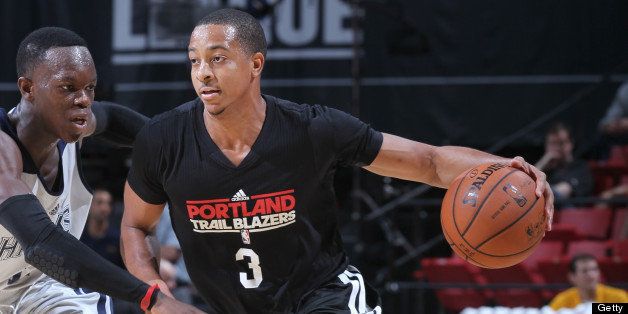 LAS VEGAS, NV - JULY 17: CJ McCollum #3 of the Portland Trail Blazers drives under pressure during the NBA Summer League game between the Atlanta Hawks and the Portland Trail Blazers on July 17, 2013 at the Thomas & Mack Center in Las Vegas, Nevada. NOTE TO USER: User expressly acknowledges and agrees that, by downloading and/or using this Photograph, user is consenting to the terms and conditions of the Getty Images License Agreement. Mandatory Copyright Notice: Copyright 2013 NBAE (Photo by Jack Arent/NBAE via Getty Images)